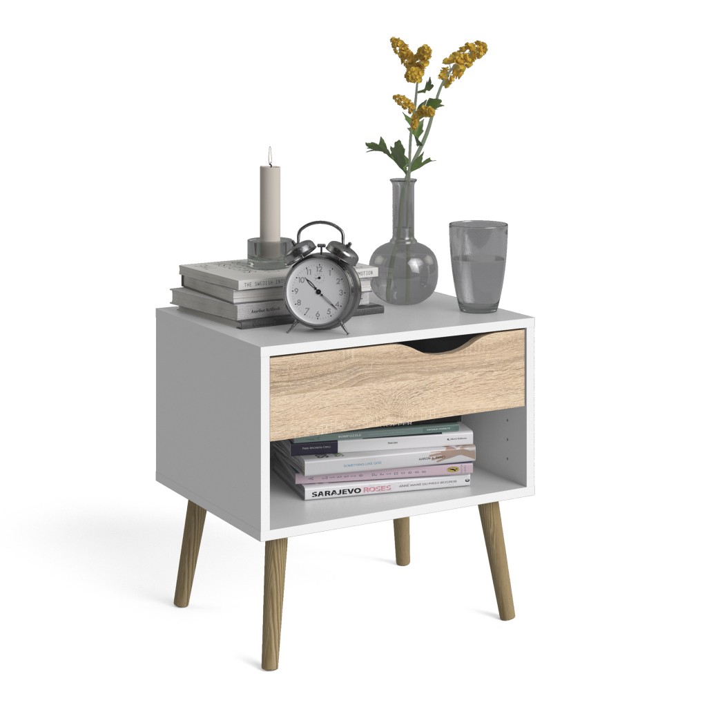Nordic Bedside Table - White with Oak drawer - Image 3