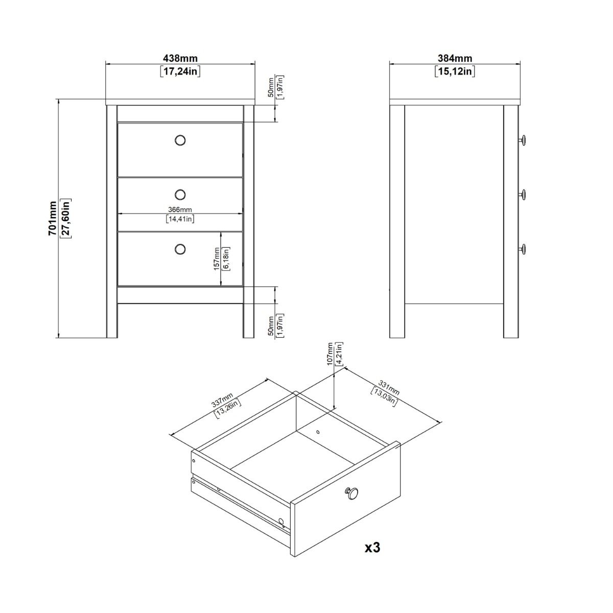 Loft Bedside Table 3 Drawers in Jackson Hickory Oak - Image 4